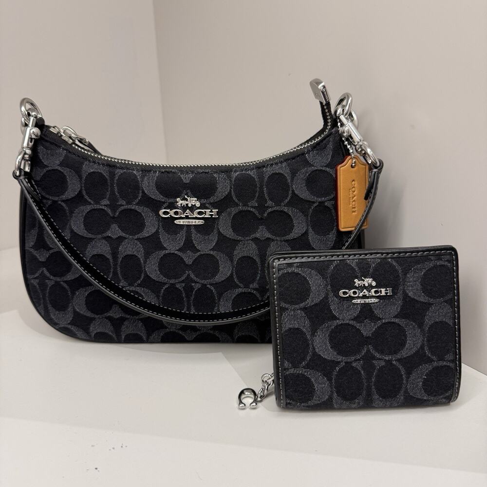 Bundle‼️Coach Teri Shoulder Bag CDE43 & Snap Wallet CDF22 Denim/Silver/Black